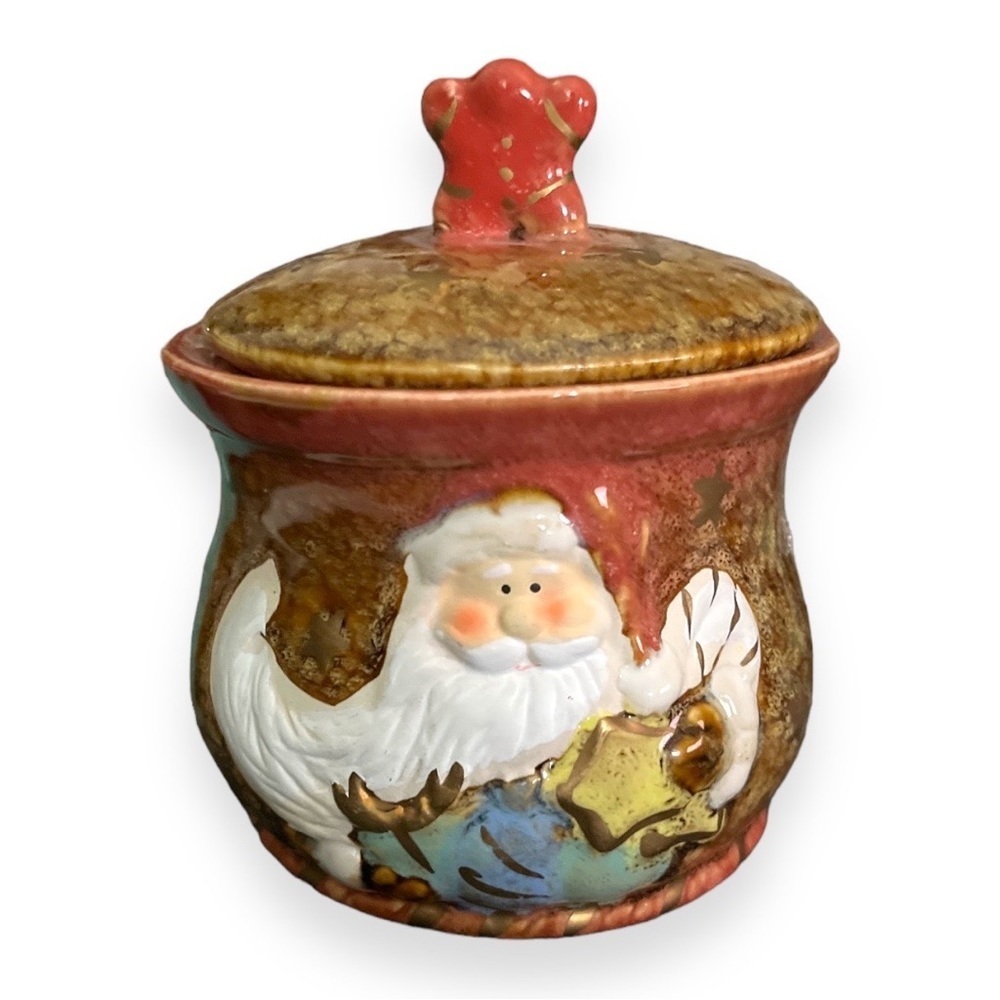 Santa Sugar Bowl Gingerbread Man Lid Handle‎ Greenbrier International Pottery